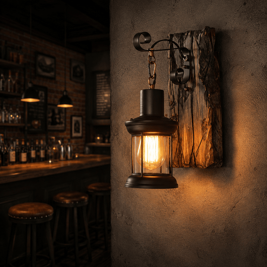 Sofello Applique murale vintage bois & fer noir – style industriel rustique – verre ambre – bar, loft, couloir, chambre