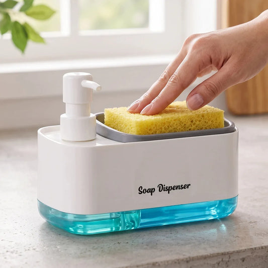 Sofello Distributeur savon cuisine avec porte-éponge, blanc, plan de travail évier