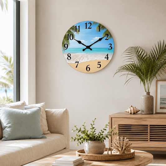 Sofello Horloge murale bois motif plage design luxe, horloge murale décorative silencieuse pour salon, chambre, salle de bain - 4 tailles 25 à 41 cm