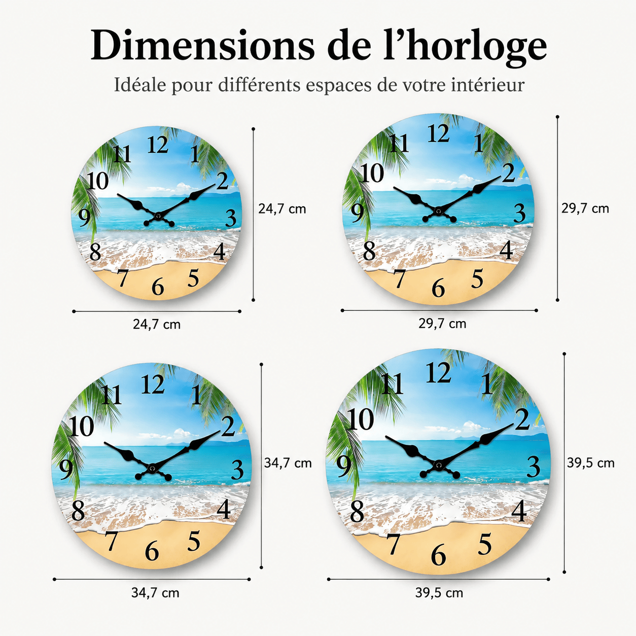 Sofello Horloge murale bois motif plage design luxe, horloge murale décorative silencieuse pour salon, chambre, salle de bain - 4 tailles 25 à 41 cm