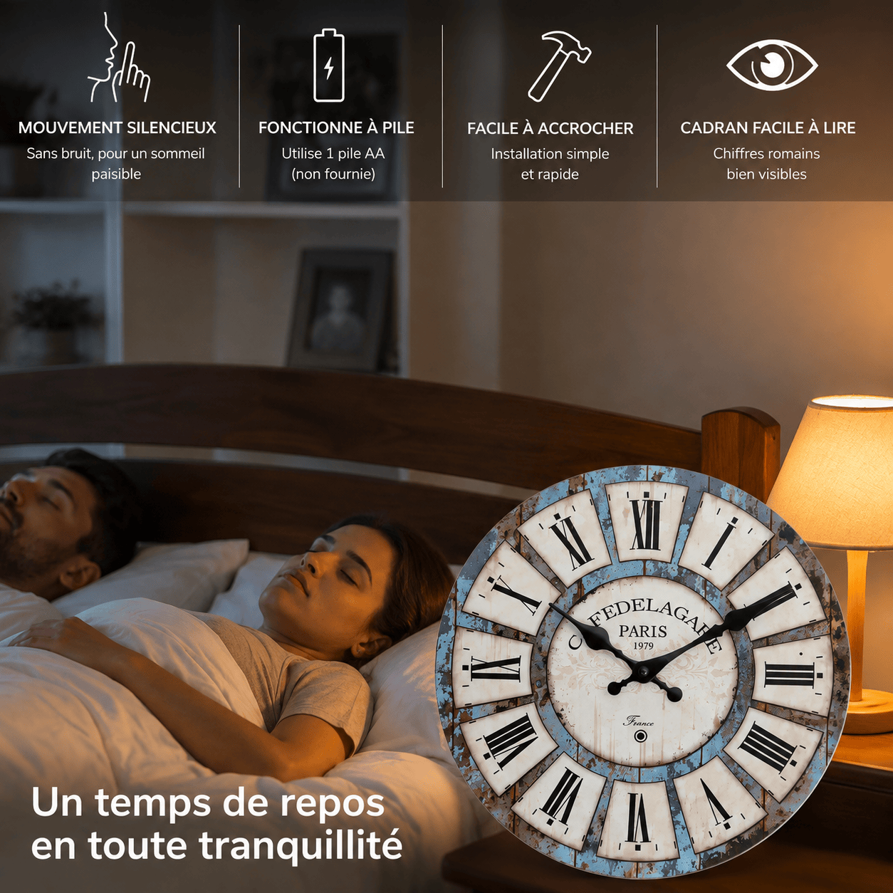 Sofello Horloge murale bois rustique vintage, grain de bois naturel, silencieuse salon cuisine 25/30/36/41 cm