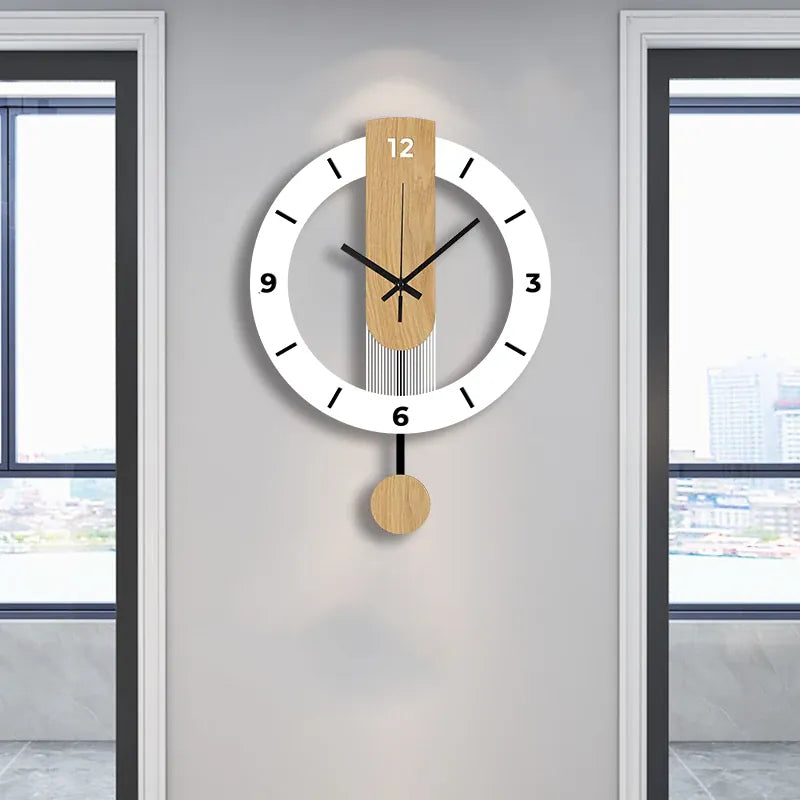 Sofello Horloge murale design blanche effet bois avec balancier, horloge murale acrylique silencieuse pour salon, chambre, cuisine, bureau - 39 cm