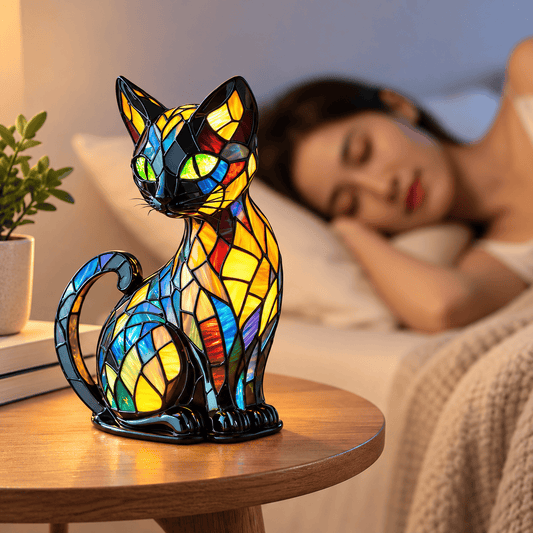 Sofello Lampe de chevet chat en résine multicolore, veilleuse LED décorative pour chambre et salon