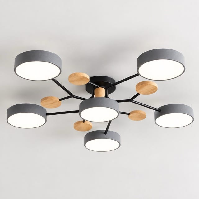 Sofello Plafonnier LED design scandinave 5 ou 6 lampes, gris/blanc, bois, salon et chambre