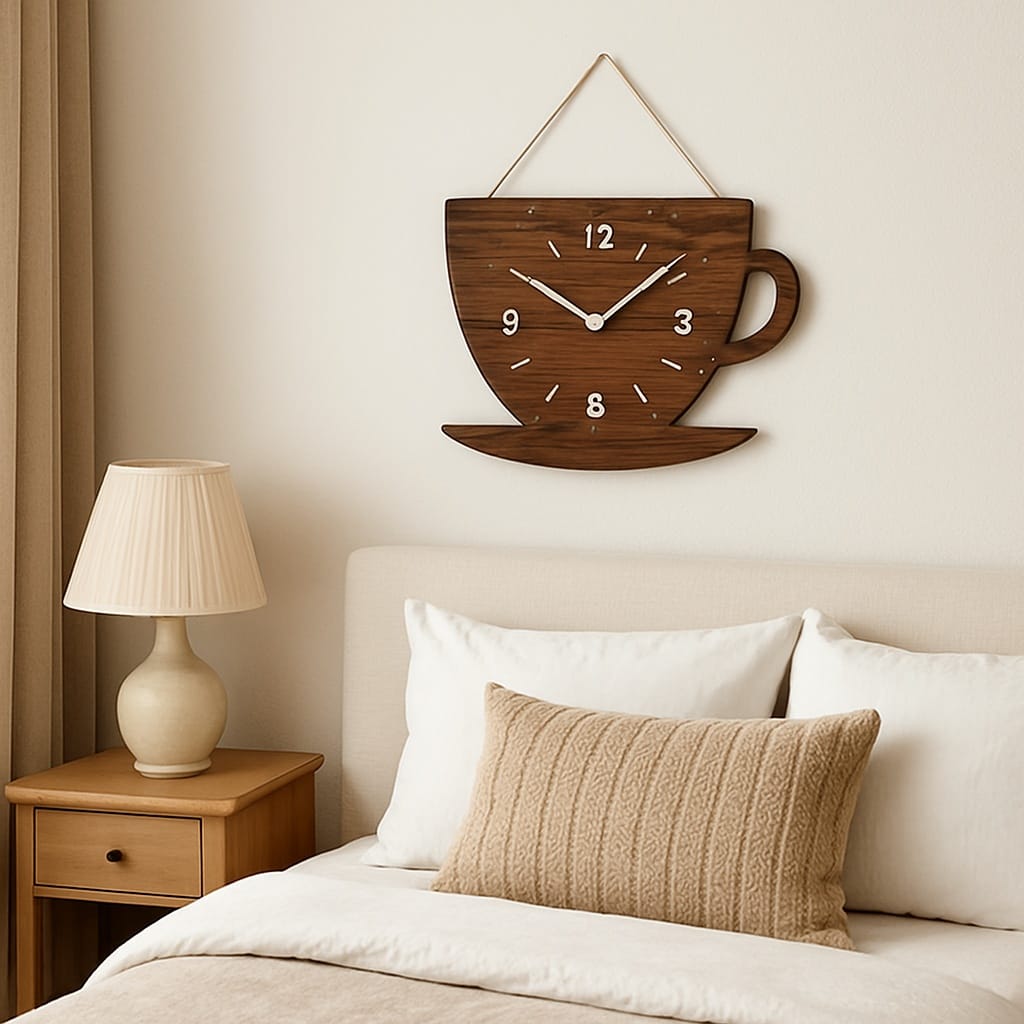 Sofello Horloge murale bois forme tasse à café, horloge murale originale décorative silencieuse pour salon, chambre, bureau - 30x22 cm