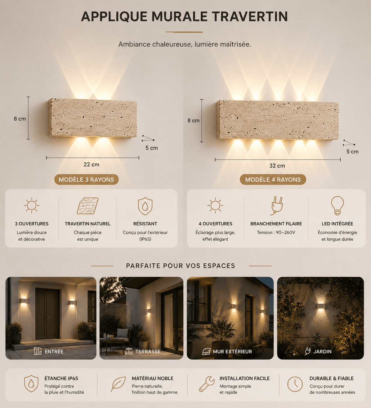 Sofello Applique murale en pierre naturelle wabi-sabi, LED, intérieur et extérieur IP65