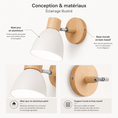 Sofello Applique murale bois & aluminium orientable – style nordique – chambre, salon, couloir – 6 coloris