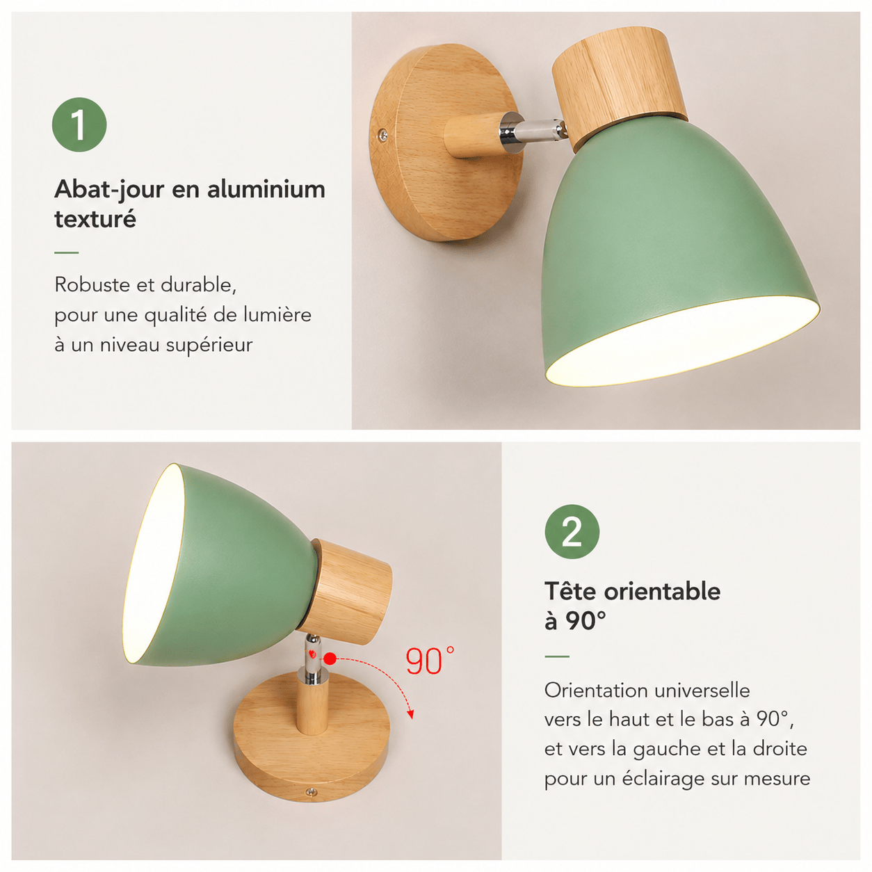 Sofello Applique murale bois & aluminium orientable – style nordique – chambre, salon, couloir – 6 coloris