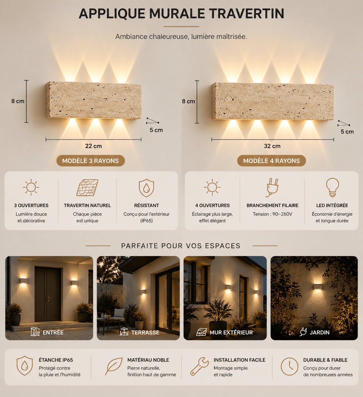Sofello Applique murale en pierre naturelle wabi-sabi, LED, intérieur et extérieur IP65