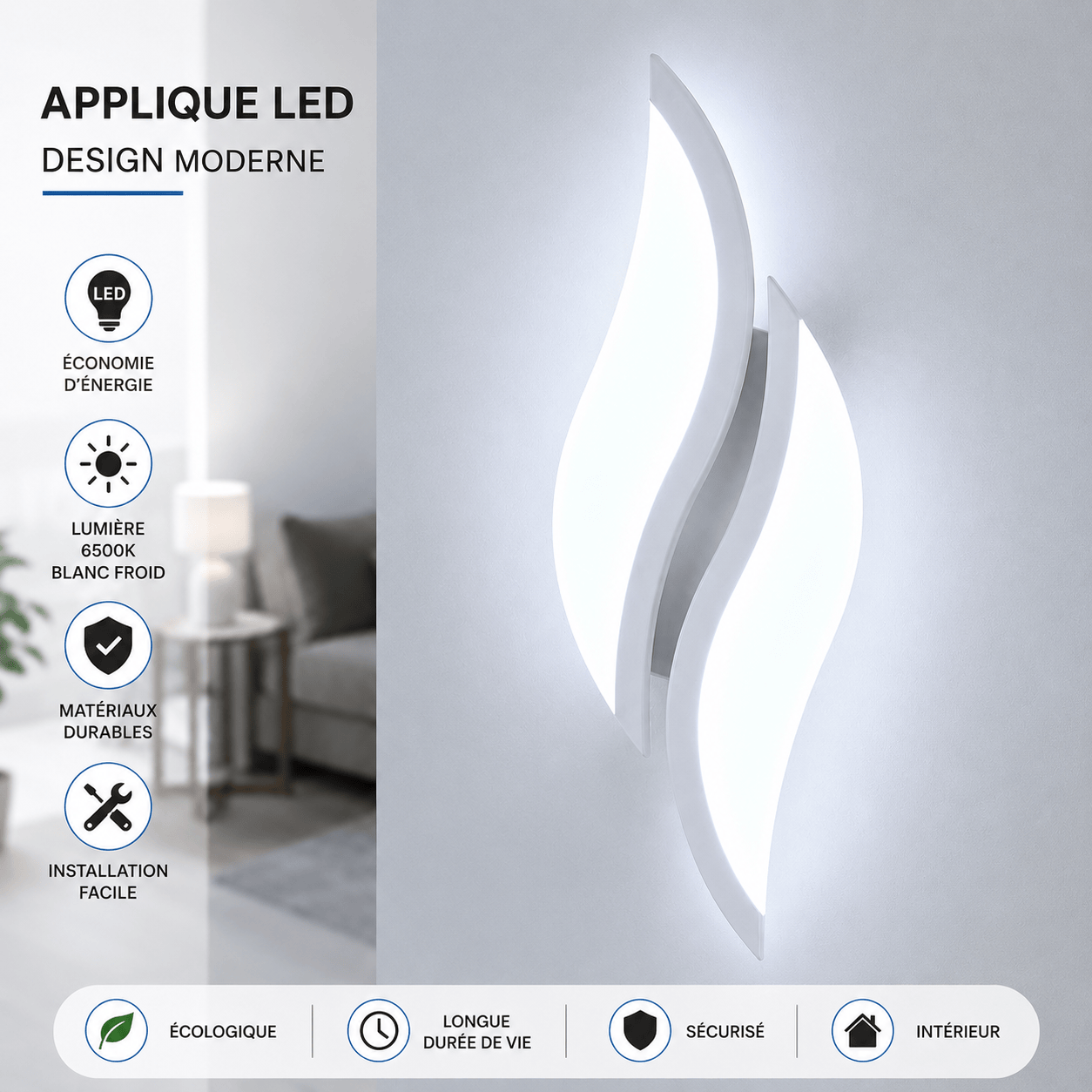 Sofello Applique murale LED acrylique blanc – forme flamme – 12W 6500K – chambre, salon, couloir, escalier