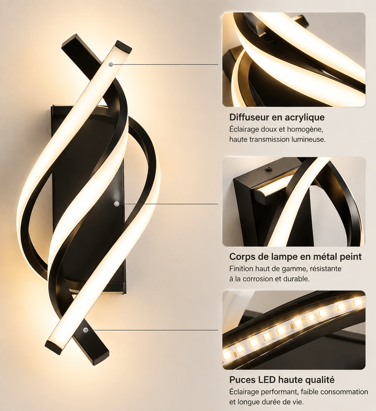 Sofello Applique murale LED aluminium spirale 3 bras – 3 températures – noir ou blanc – chambre, salon, couloir, escalier