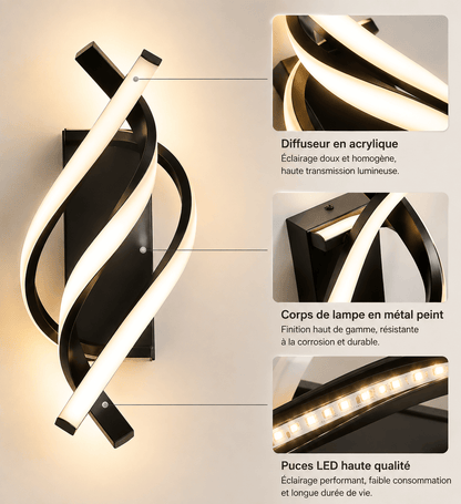 Sofello Applique murale LED aluminium spirale 3 bras – 3 températures – noir ou blanc – chambre, salon, couloir, escalier
