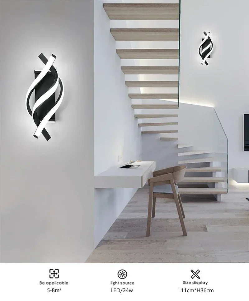 Sofello Applique murale LED aluminium spirale 3 bras – 3 températures – noir ou blanc – chambre, salon, couloir, escalier