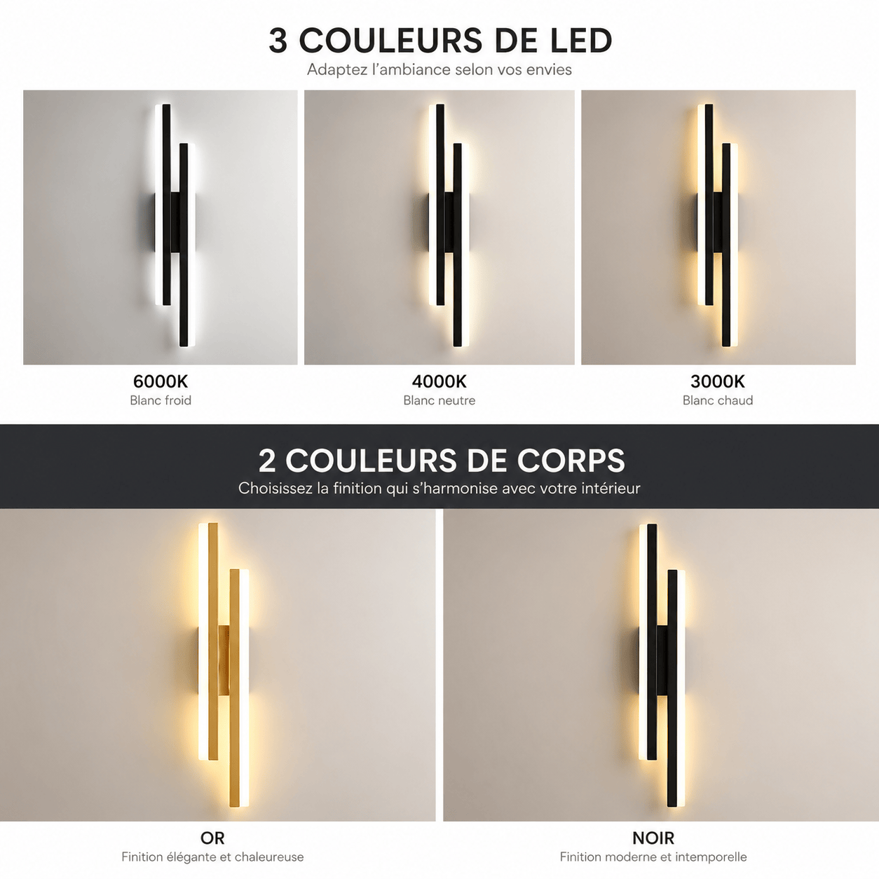 Sofello Applique murale LED dimmable métal & acrylique – 3 températures de couleur – noir ou doré – chambre, salon, couloir