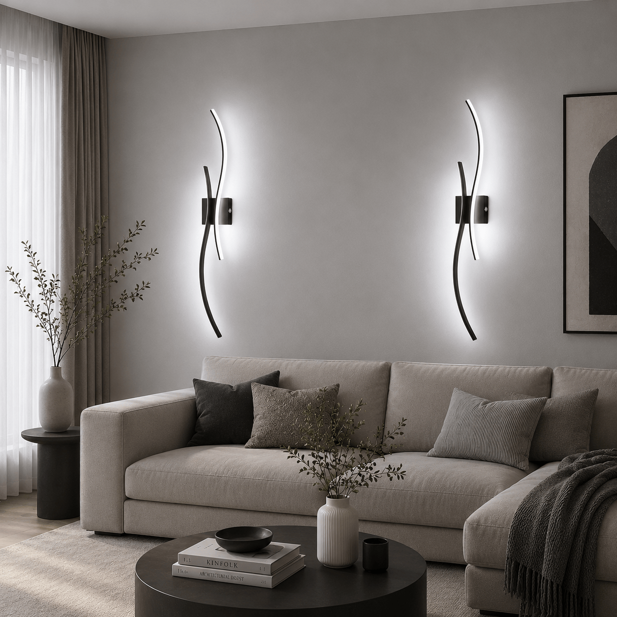 Sofello Applique murale sans fil rechargeable LED – forme courbe – tactile & télécommande – 3 températures – noir ou blanc – chambre, salon