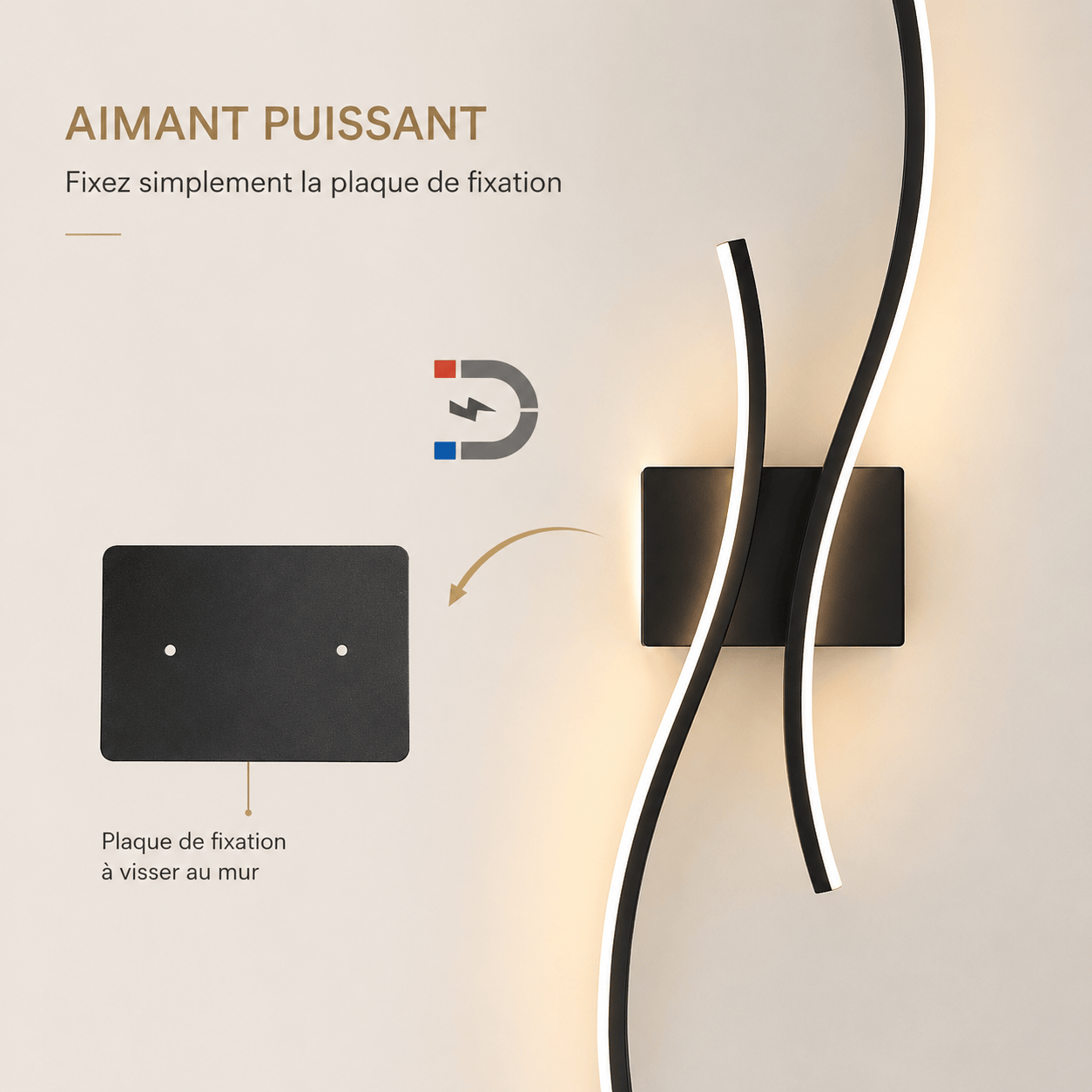 Sofello Applique murale sans fil rechargeable LED – forme courbe – tactile & télécommande – 3 températures – noir ou blanc – chambre, salon