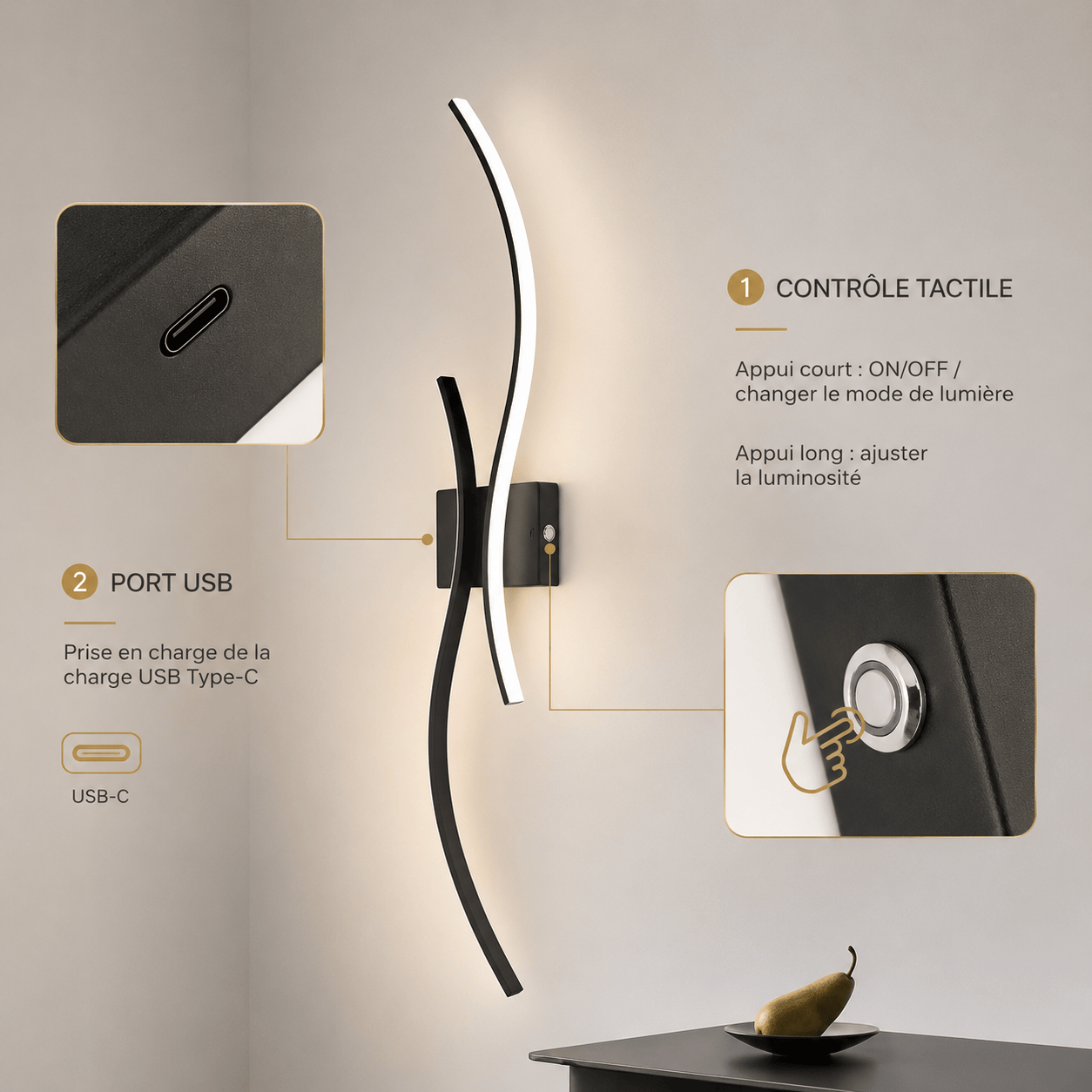 Sofello Applique murale sans fil rechargeable LED – forme courbe – tactile & télécommande – 3 températures – noir ou blanc – chambre, salon