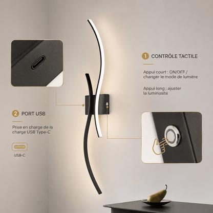 Sofello Applique murale sans fil rechargeable LED – forme courbe – tactile & télécommande – 3 températures – noir ou blanc – chambre, salon