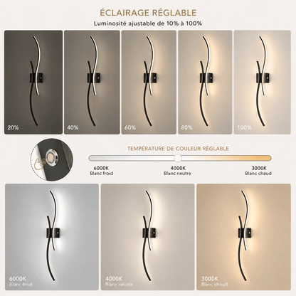 Sofello Applique murale sans fil rechargeable LED – forme courbe – tactile & télécommande – 3 températures – noir ou blanc – chambre, salon