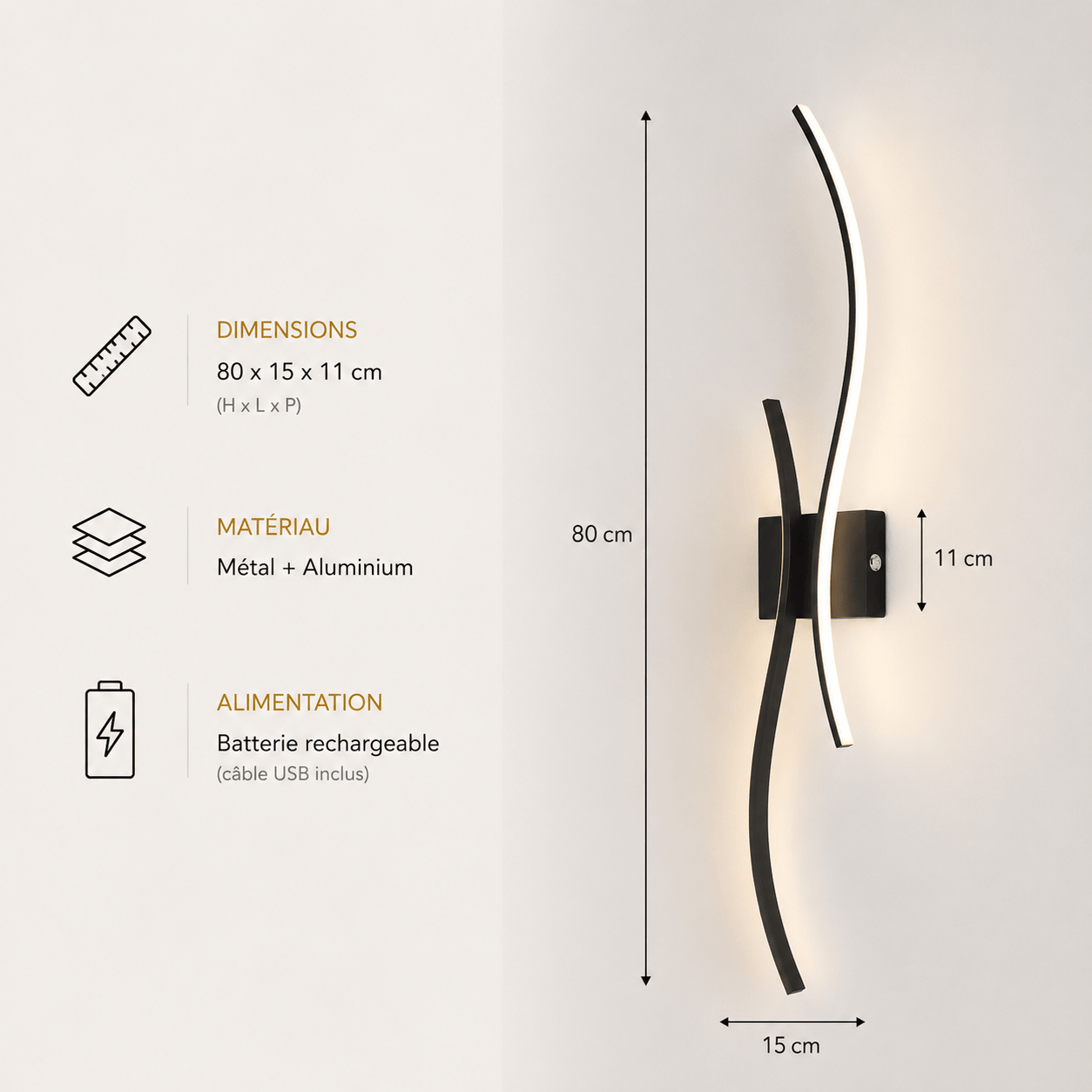 Sofello Applique murale sans fil rechargeable LED – forme courbe – tactile & télécommande – 3 températures – noir ou blanc – chambre, salon