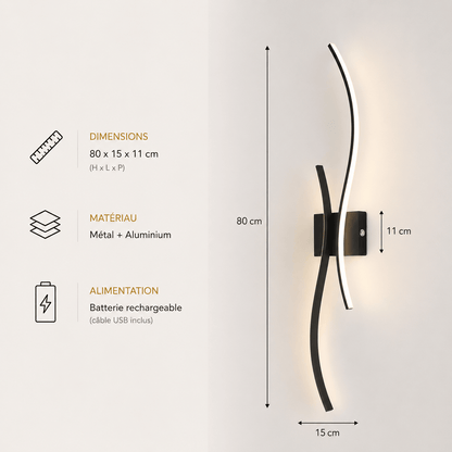 Sofello Applique murale sans fil rechargeable LED – forme courbe – tactile & télécommande – 3 températures – noir ou blanc – chambre, salon