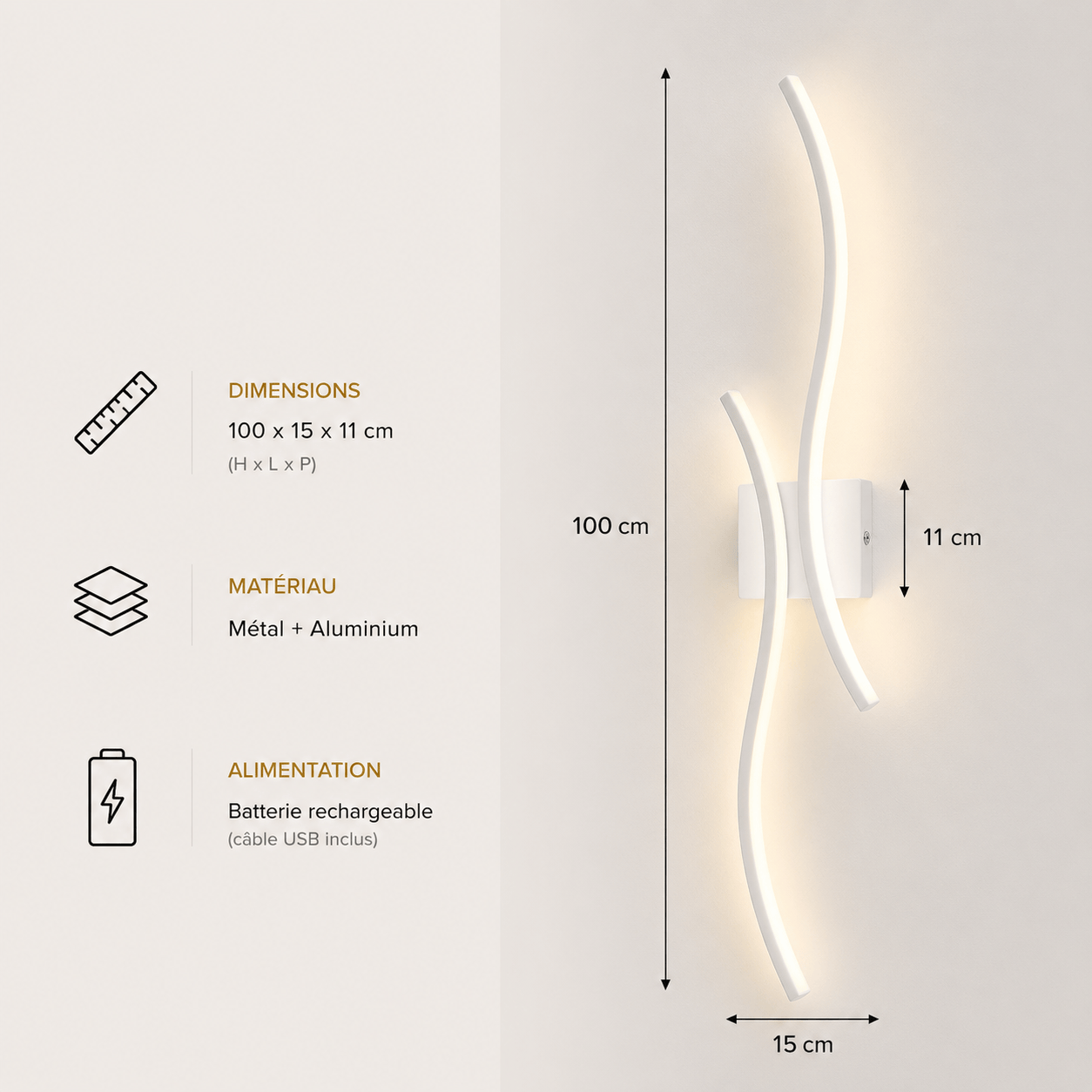 Sofello Applique murale sans fil rechargeable LED – forme courbe – tactile & télécommande – 3 températures – noir ou blanc – chambre, salon