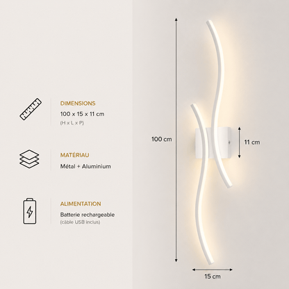 Sofello Applique murale sans fil rechargeable LED – forme courbe – tactile & télécommande – 3 températures – noir ou blanc – chambre, salon