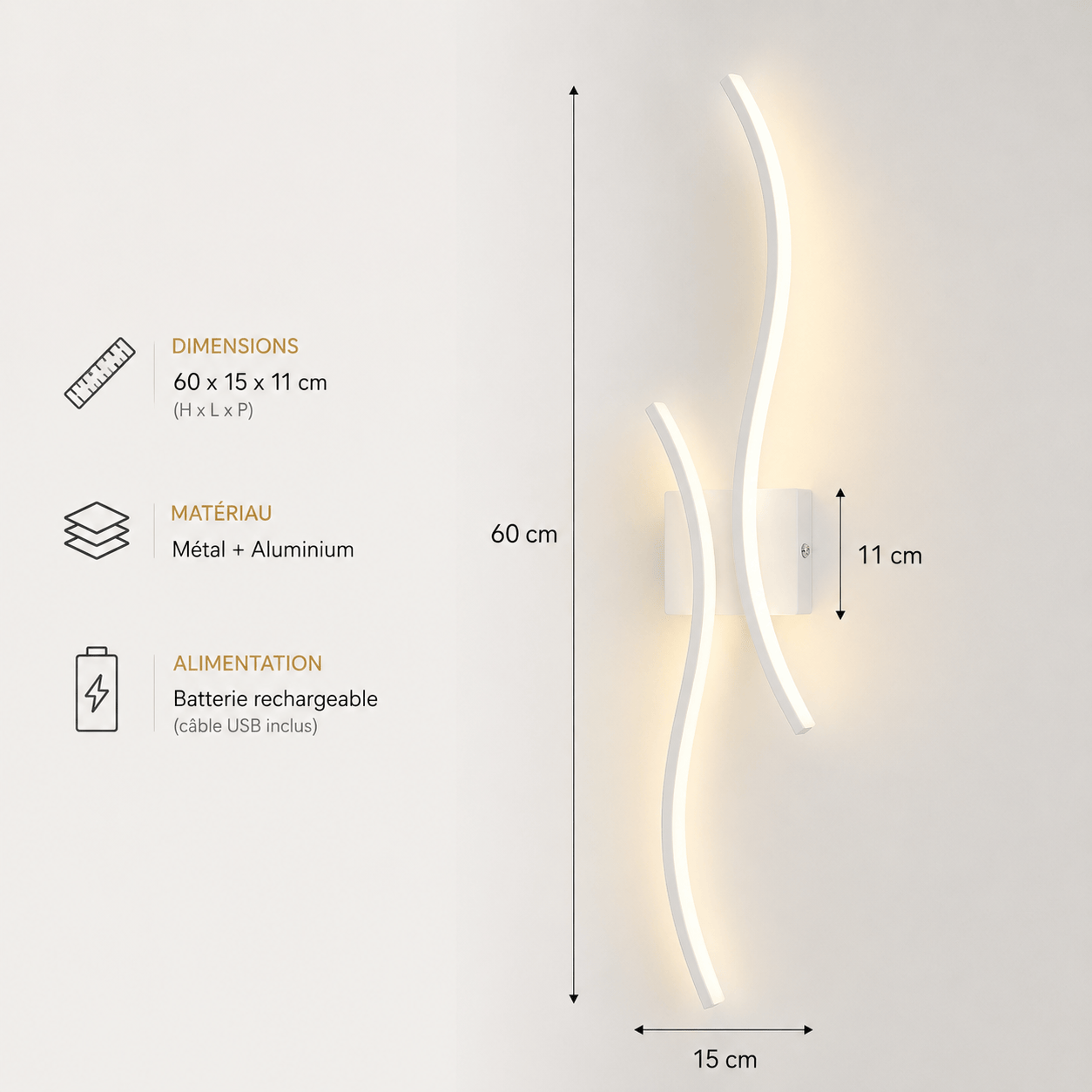 Sofello Applique murale sans fil rechargeable LED – forme courbe – tactile & télécommande – 3 températures – noir ou blanc – chambre, salon