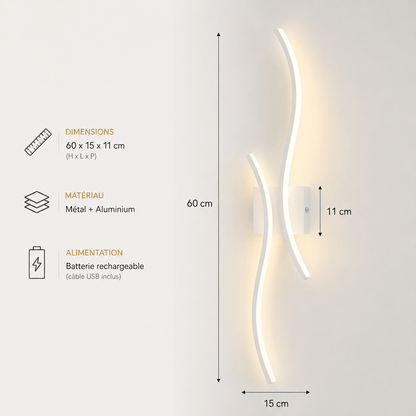 Sofello Applique murale sans fil rechargeable LED – forme courbe – tactile & télécommande – 3 températures – noir ou blanc – chambre, salon