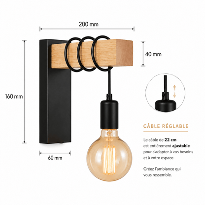 Sofello Applique Murale Vintage Bois et Fer Noir E27 – Style Industriel Rétro | Chambre Salon Salle de Bain Restaurant