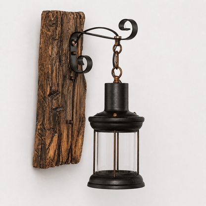 Sofello Applique murale vintage bois & fer noir – style industriel rustique – verre ambre – bar, loft, couloir, chambre