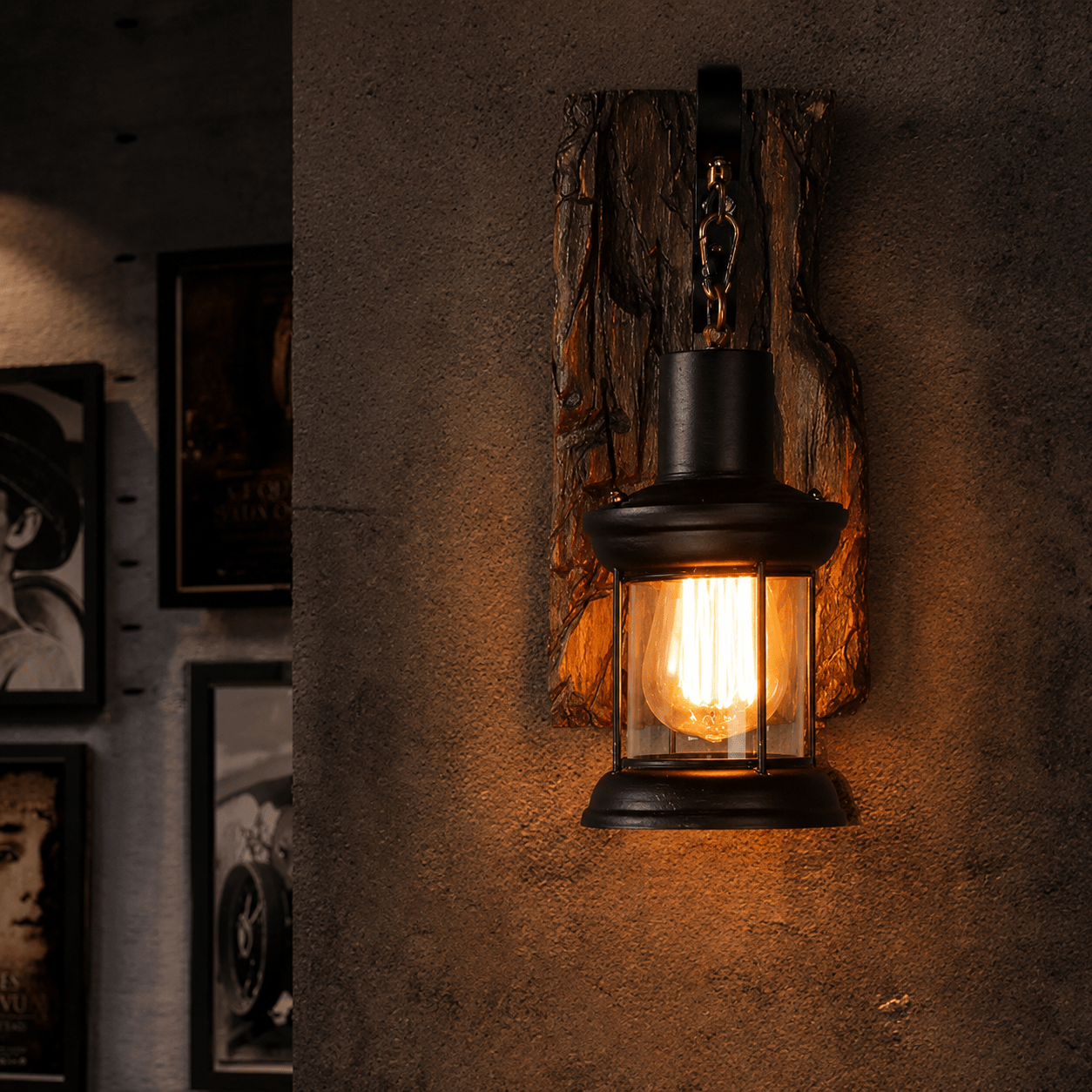 Sofello Applique murale vintage bois & fer noir – style industriel rustique – verre ambre – bar, loft, couloir, chambre