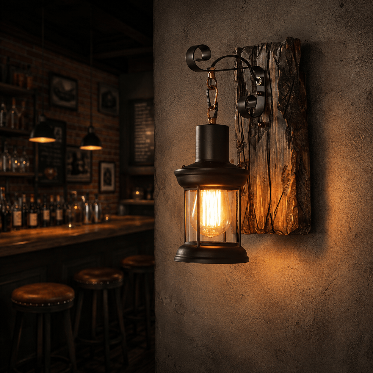 Sofello Applique murale vintage bois & fer noir – style industriel rustique – verre ambre – bar, loft, couloir, chambre