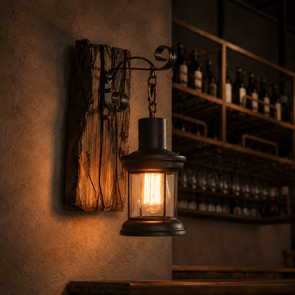 Sofello Applique murale vintage bois & fer noir – style industriel rustique – verre ambre – bar, loft, couloir, chambre