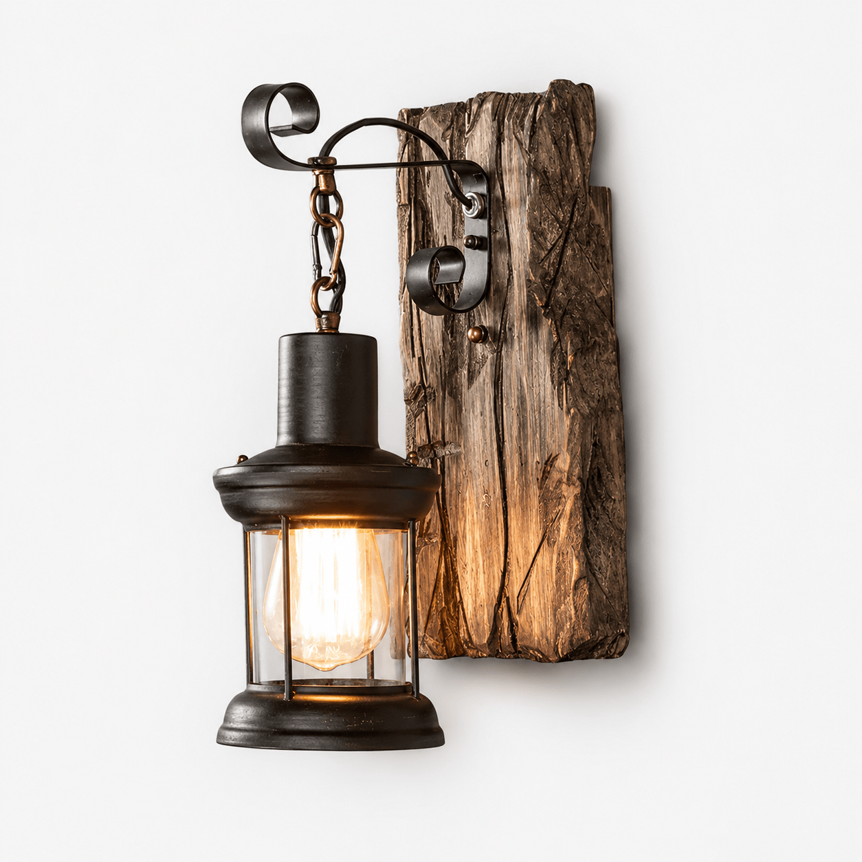 Sofello Applique murale vintage bois & fer noir – style industriel rustique – verre ambre – bar, loft, couloir, chambre