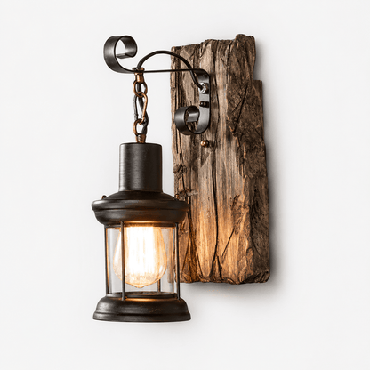 Sofello Applique murale vintage bois & fer noir – style industriel rustique – verre ambre – bar, loft, couloir, chambre