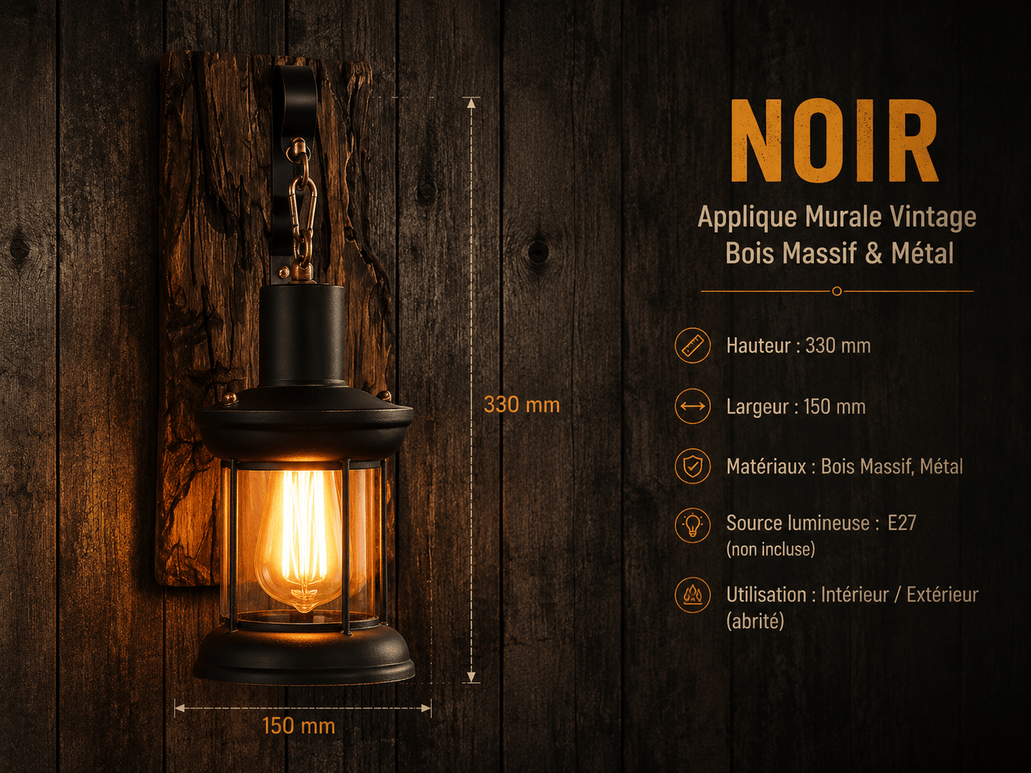 Sofello Applique murale vintage bois & fer noir – style industriel rustique – verre ambre – bar, loft, couloir, chambre