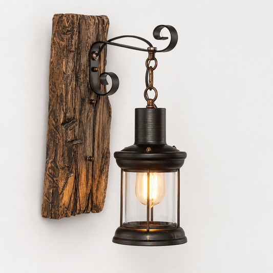 Sofello Applique murale vintage bois & fer noir – style industriel rustique – verre ambre – bar, loft, couloir, chambre