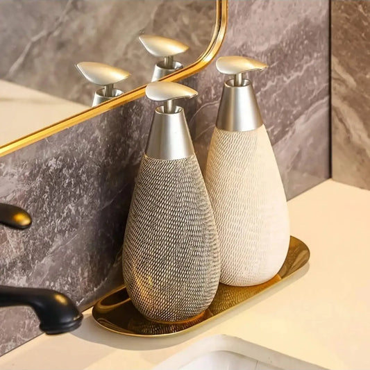 Sofello Distributeur de savon céramique rétro, doré/gris, pompe manuelle, salle de bain