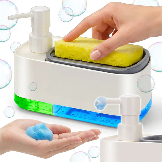 Sofello Distributeur savon cuisine avec porte-éponge, blanc, plan de travail évier