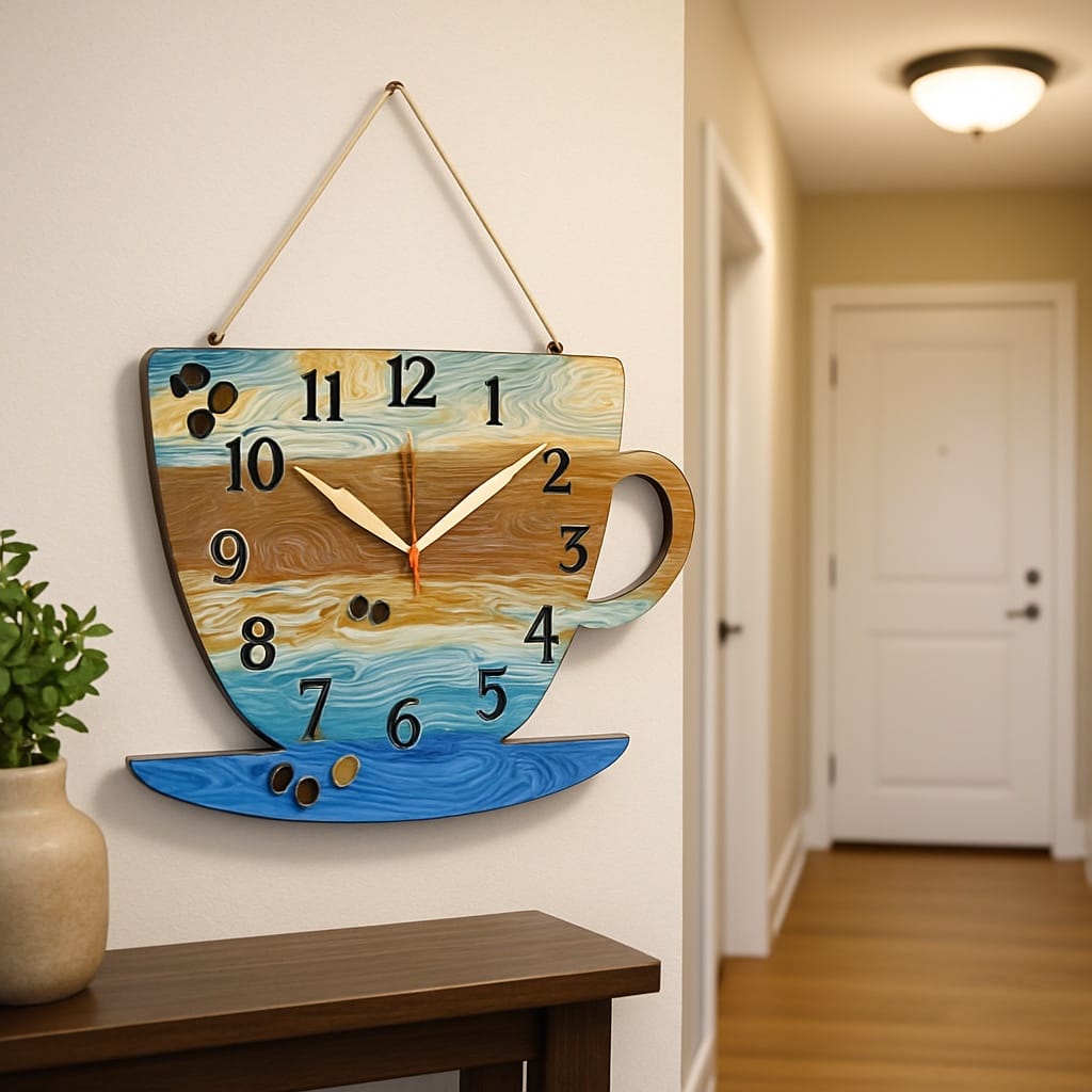Sofello Horloge murale bois forme tasse à café, horloge murale originale décorative silencieuse pour salon, chambre, bureau - 30x22 cm