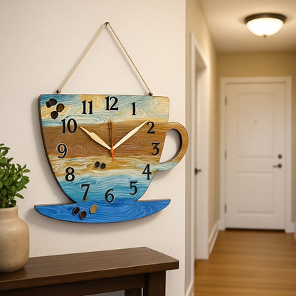 Sofello Horloge murale bois forme tasse à café, horloge murale originale décorative silencieuse pour salon, chambre, bureau - 30x22 cm