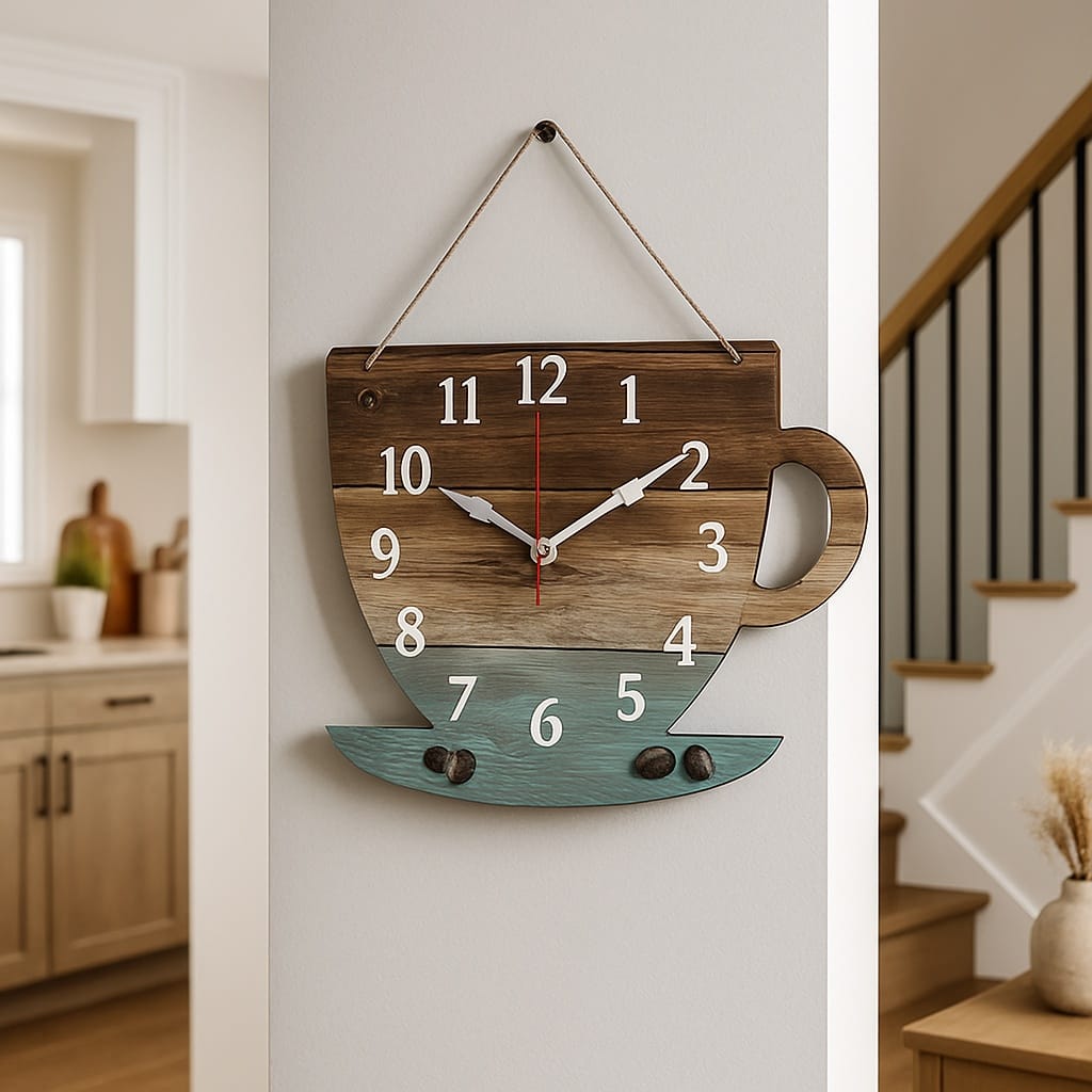 Sofello Horloge murale bois forme tasse à café, horloge murale originale décorative silencieuse pour salon, chambre, bureau - 30x22 cm