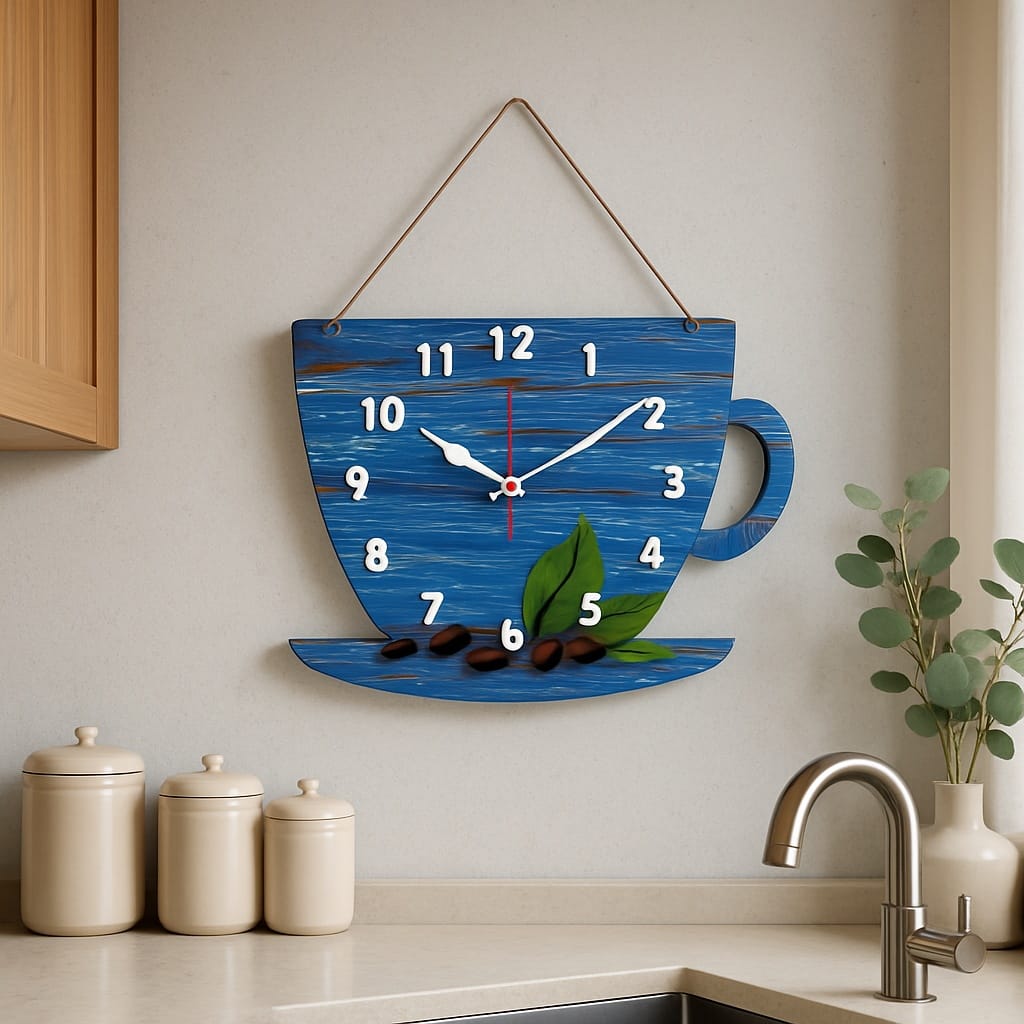 Sofello Horloge murale bois forme tasse à café, horloge murale originale décorative silencieuse pour salon, chambre, bureau - 30x22 cm