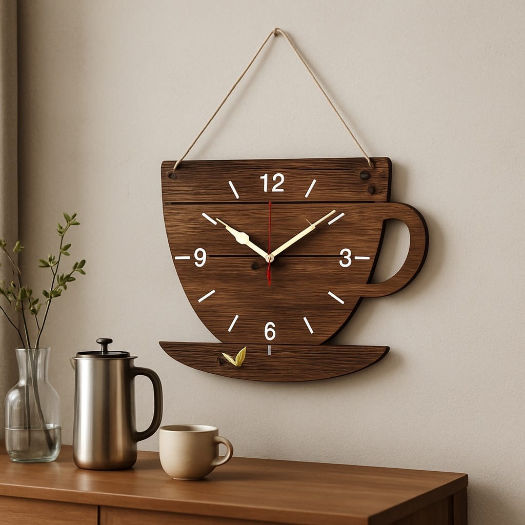 Sofello Horloge murale bois forme tasse à café, horloge murale originale décorative silencieuse pour salon, chambre, bureau - 30x22 cm