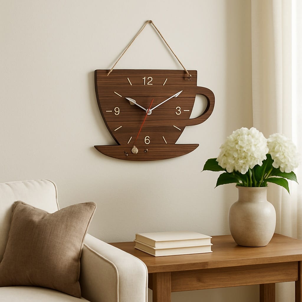 Sofello Horloge murale bois forme tasse à café, horloge murale originale décorative silencieuse pour salon, chambre, bureau - 30x22 cm