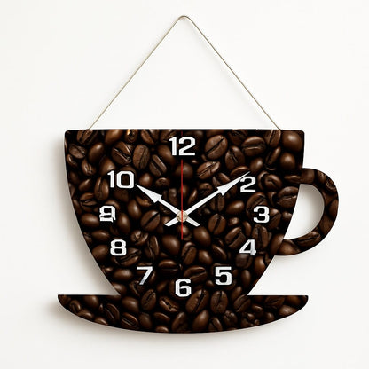 Sofello Horloge murale bois forme tasse à café, horloge murale originale décorative silencieuse pour salon, chambre, bureau - 30x22 cm