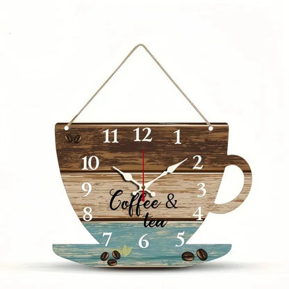Sofello Horloge murale bois forme tasse à café, horloge murale originale décorative silencieuse pour salon, chambre, bureau - 30x22 cm