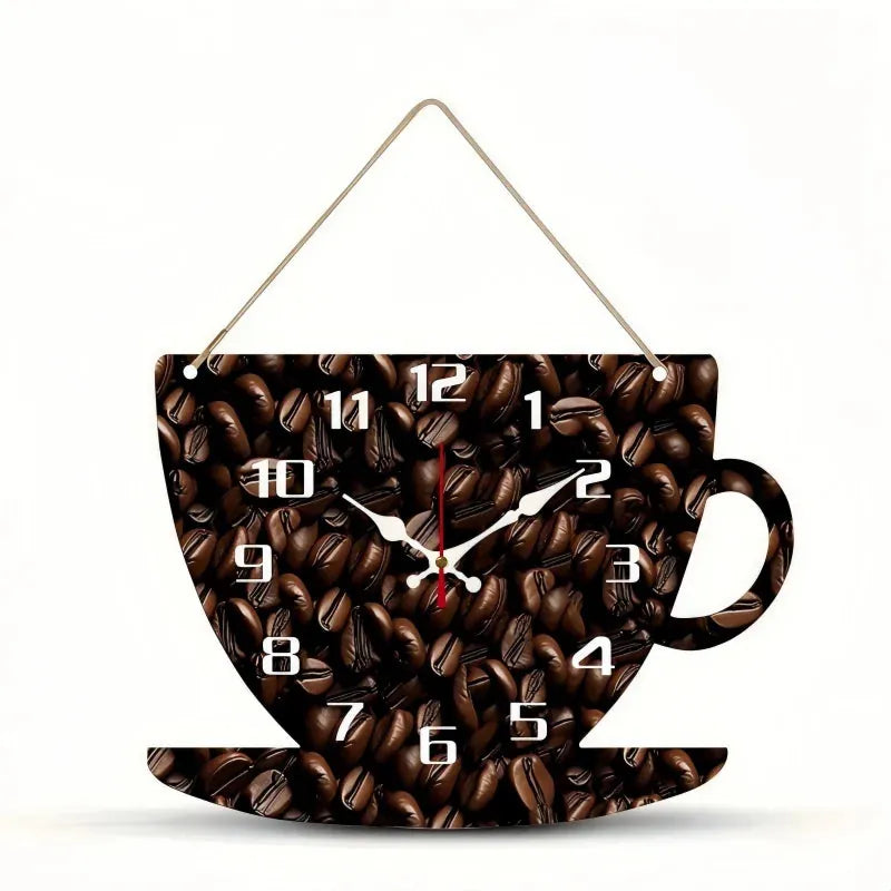 Sofello Horloge murale bois forme tasse à café, horloge murale originale décorative silencieuse pour salon, chambre, bureau - 30x22 cm