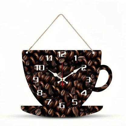 Sofello Horloge murale bois forme tasse à café, horloge murale originale décorative silencieuse pour salon, chambre, bureau - 30x22 cm